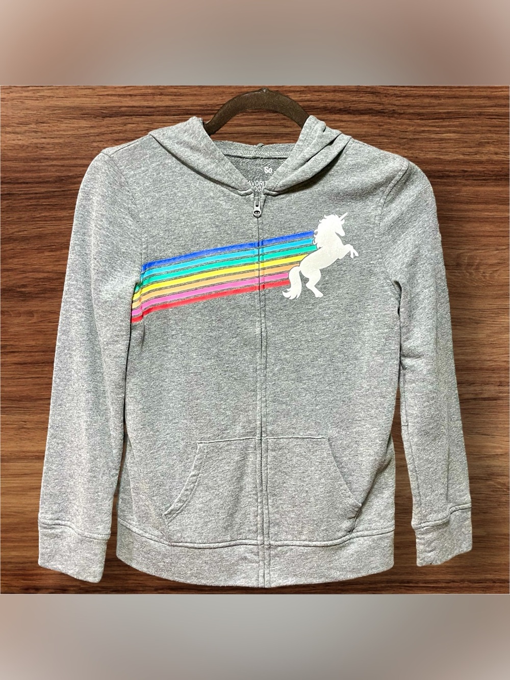 Girls 10/12 rainbow unicorn gray zip up hooded sweatshirt